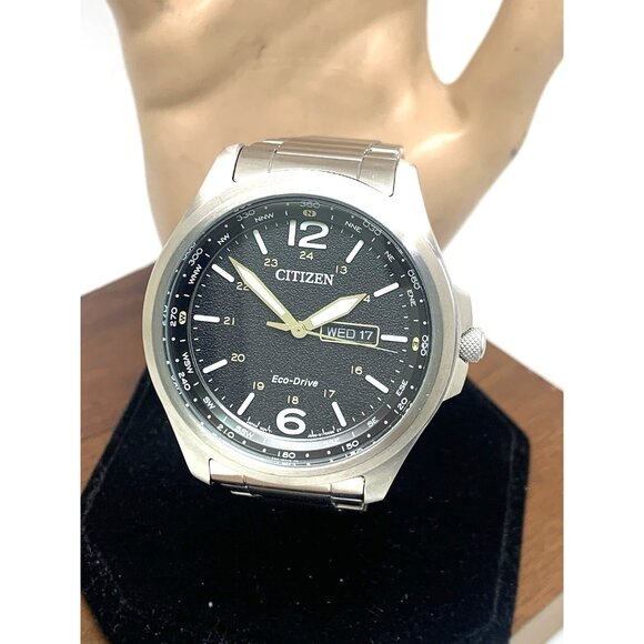 Citizen Men's Watch AW0110-58E Eco Drive Black Dial Day Date Silver Steel 44mm - Picture 1 of 15
